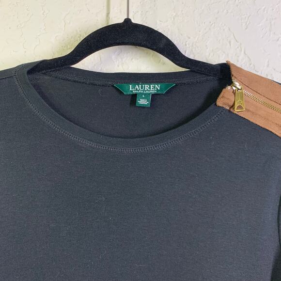 LAUREN RALPH‎ LAUREN Top Blouse Crew Neck Faux Suede Elbow Patches Shoulder Zip - Picture 4 of 13